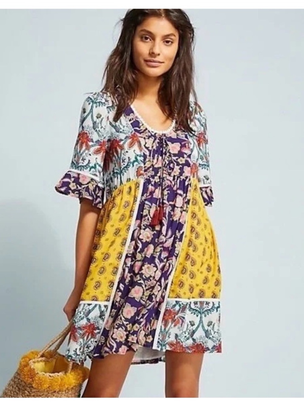 Anthropologie Patchwork Floral Lined Mini Dress Medium